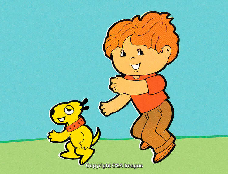 Cartoon Child Running Alongside a Cheerful Yellow Dog in Outdoor Setting