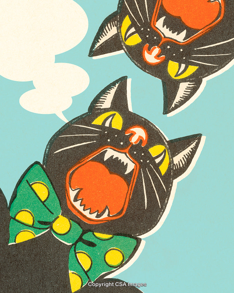 Vintage Artwork of Animated Black Cats with Green Bows on a Blue Background