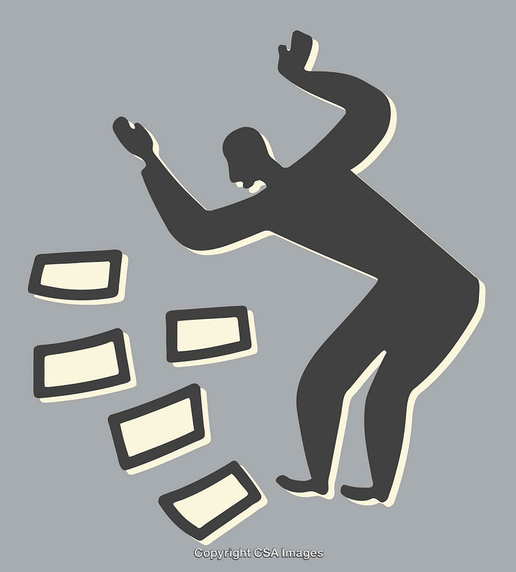 Silhouette of a Figure Interacting with Falling Objects on Gray Background