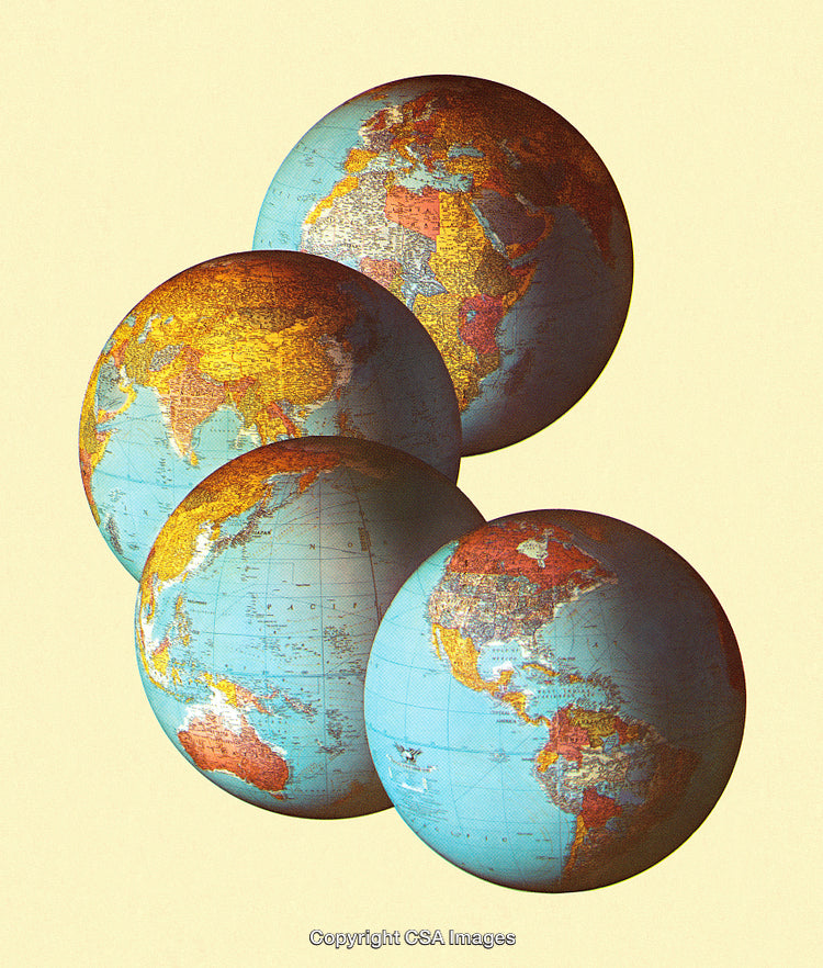Four Globes Against Pastel Background Highlighting Geography and Global Themes
