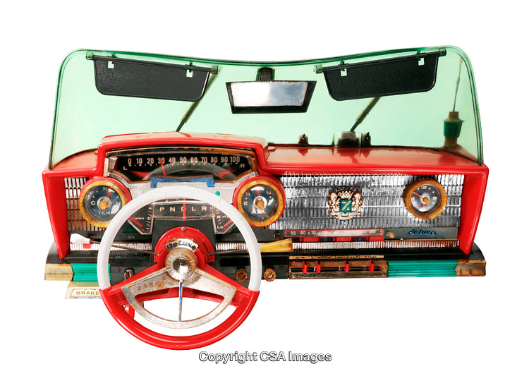 Vintage Car-Themed Plastic Toy Dashboard With Steering Wheel and Green Windshield