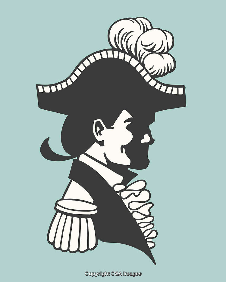 Vintage Profile Illustration of a Man in Historical Attire with Hat