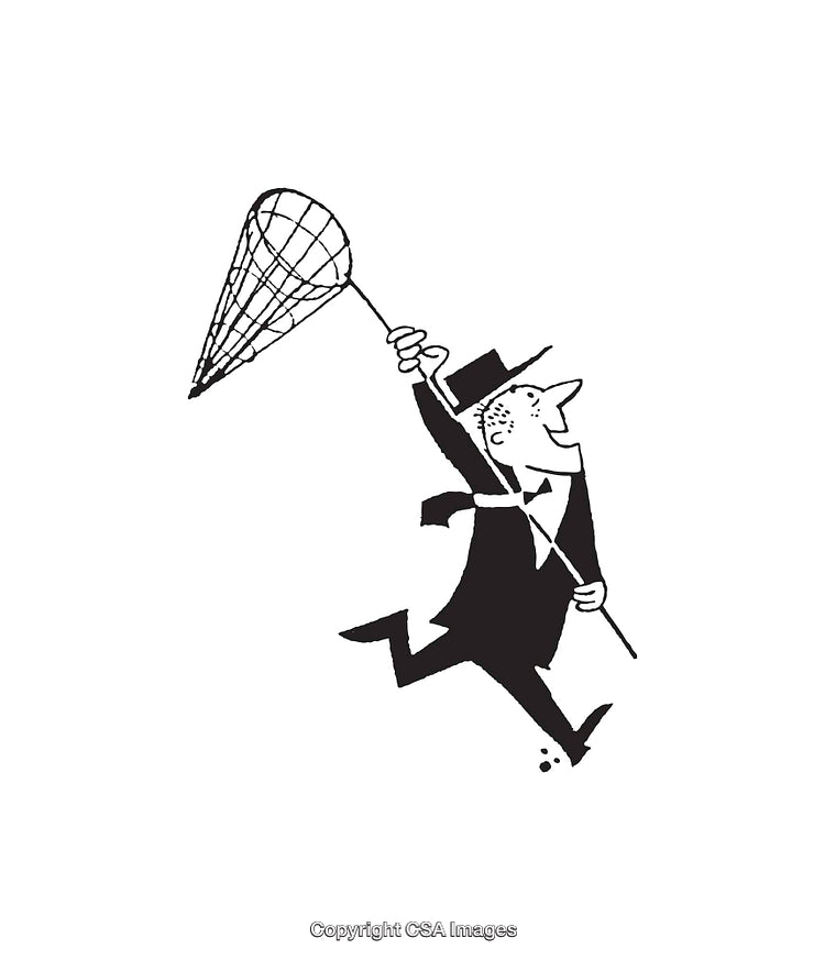 Vintage Style Line Art of a Businessman Joyfully Running with a Net