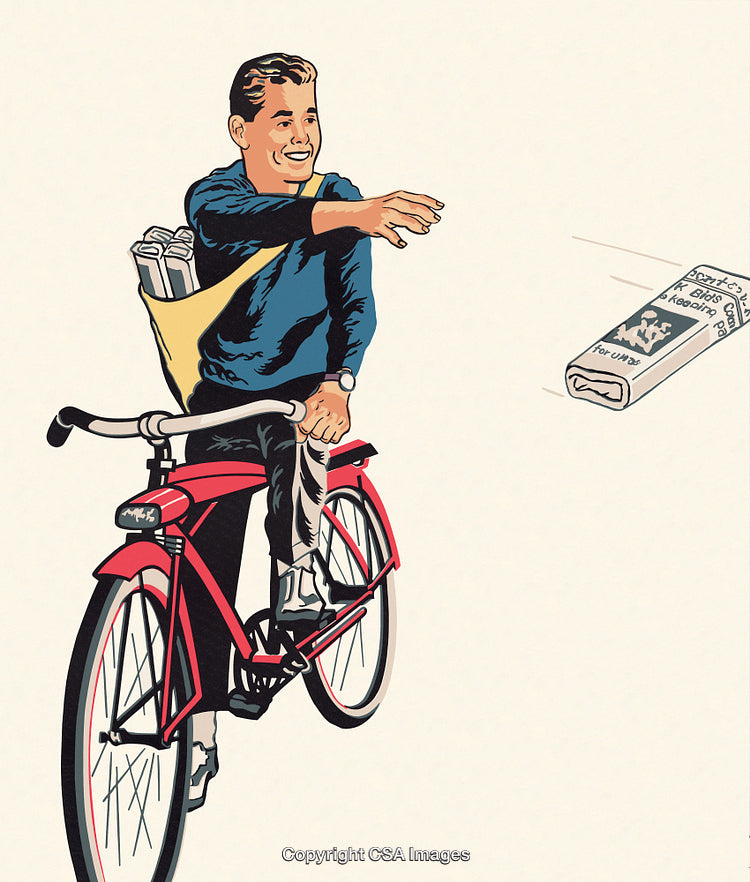 Retro Postman Delivering Newspapers While Balancing on a Bicycle