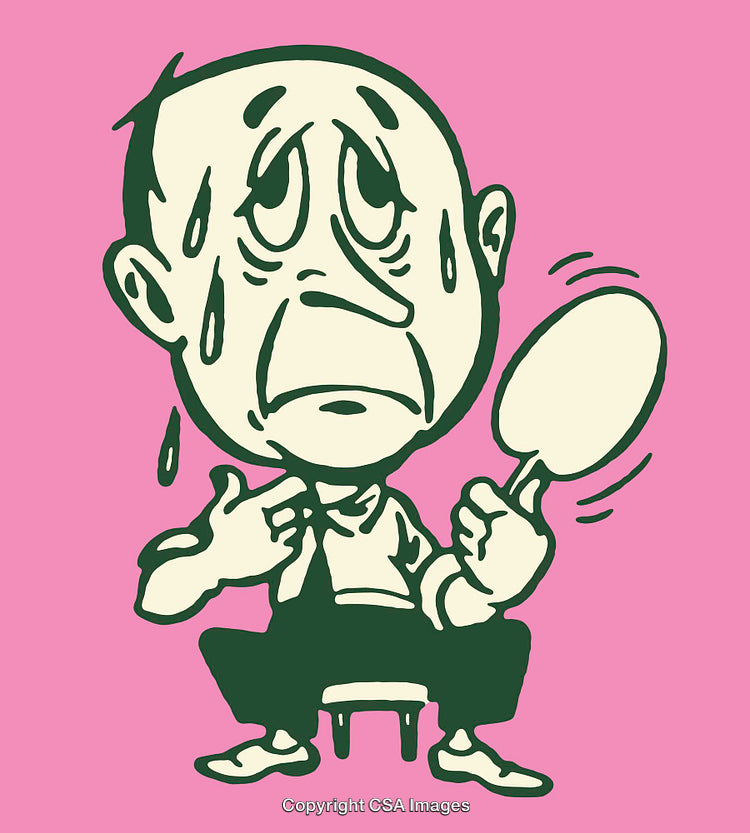 Illustration of a Sweaty Character Fanning Themselves With Concerned Expression