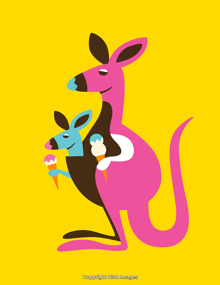 Colorful Illustration of Kangaroos Holding Ice Cream on Bright Yellow Background