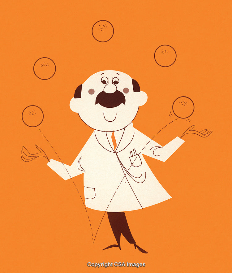 Cartoon Scientist Juggling Four Orange Balls on a Vibrant Background