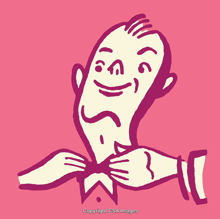 Playful Pink Line Drawing of a Character Adjusting a Bow Tie