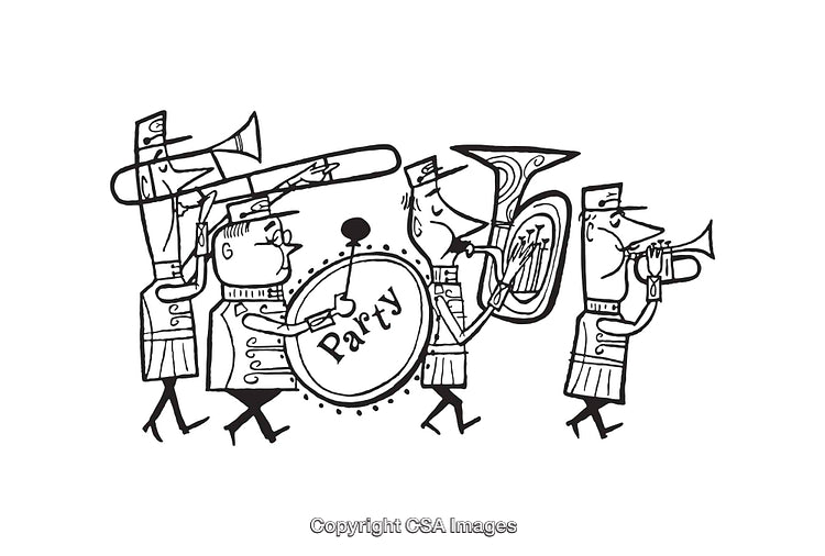 Black and White Line Art of a Marching Band Performance