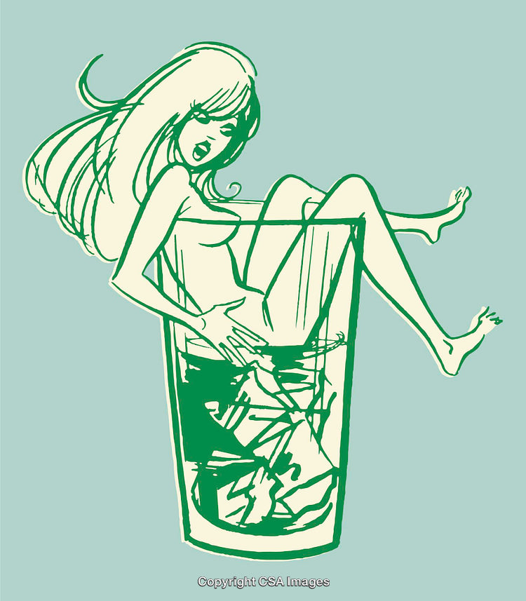 Illustrative Color Art of Woman Reclining in a Glass of Beverage