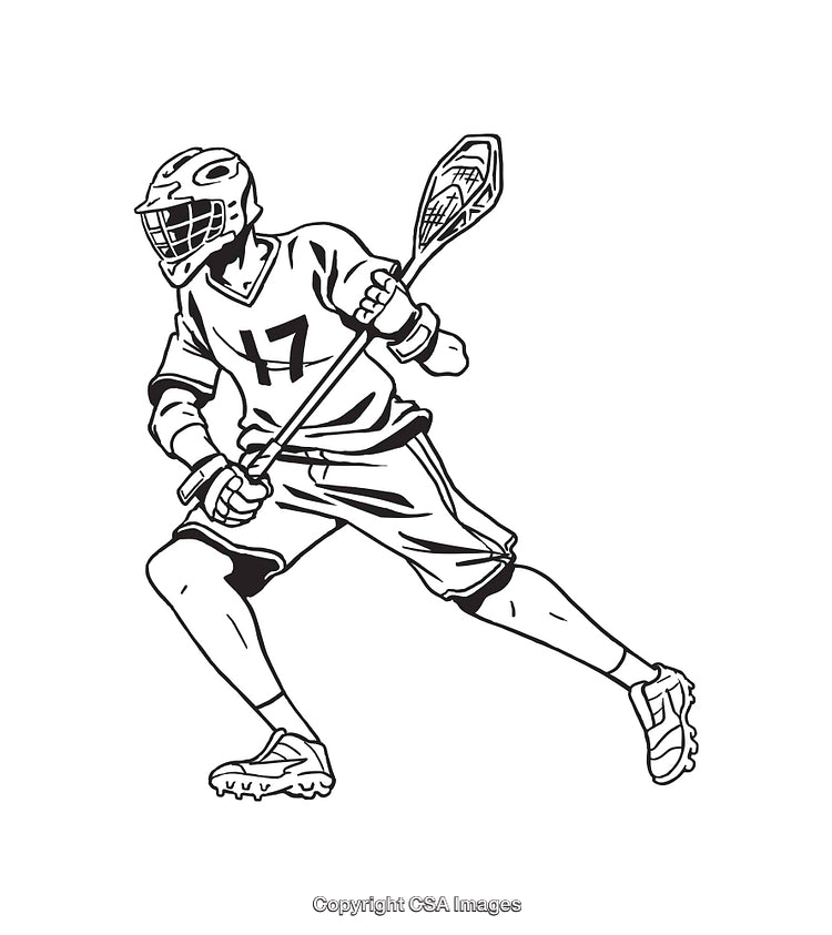 Black And White Line Art of a Lacrosse Player Mid-Action