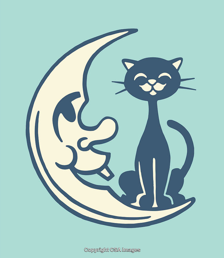 Whimsical Cat Sitting on Crescent Moon in Playful Line Illustration