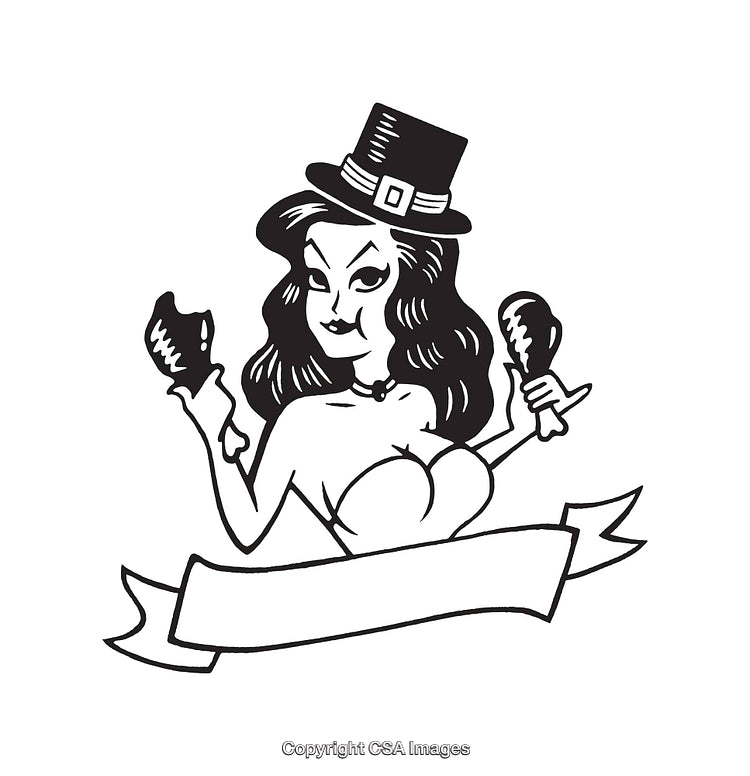 Black and White Line Art of a Woman with Hat and Ribbons