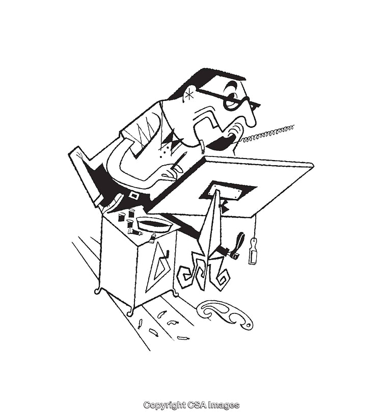 Cartoonish Illustration of Designer Working at Drafting Table in Black and White