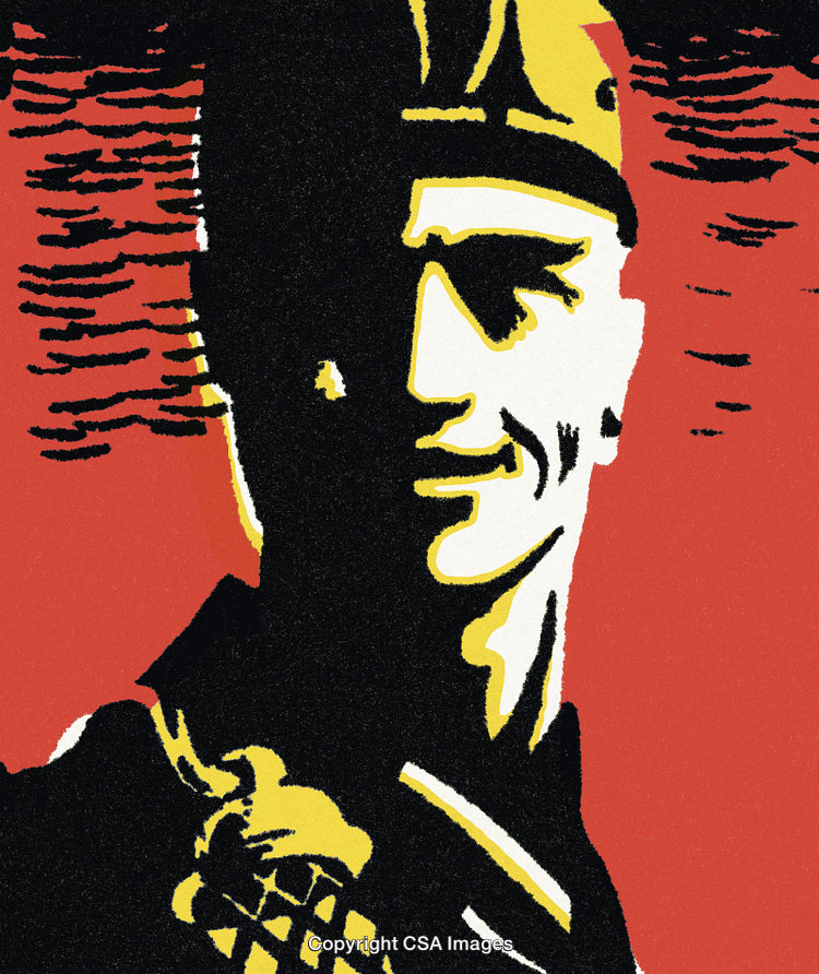 Artistic Illustration of Military Figure Against Bold Red Background