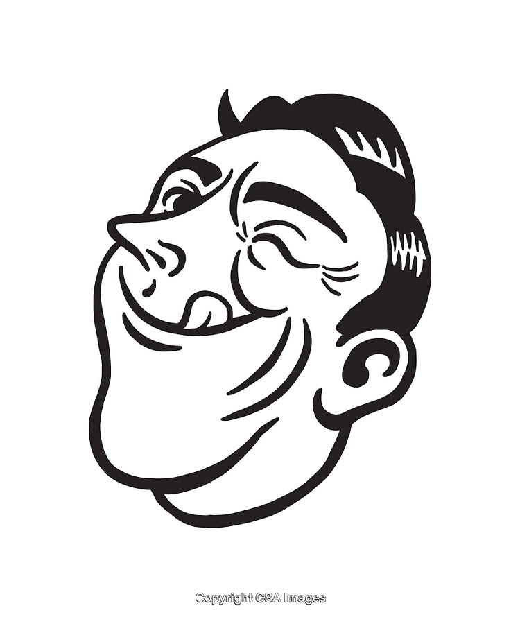 Retro Black and White Illustration of a Laughing Man's Face