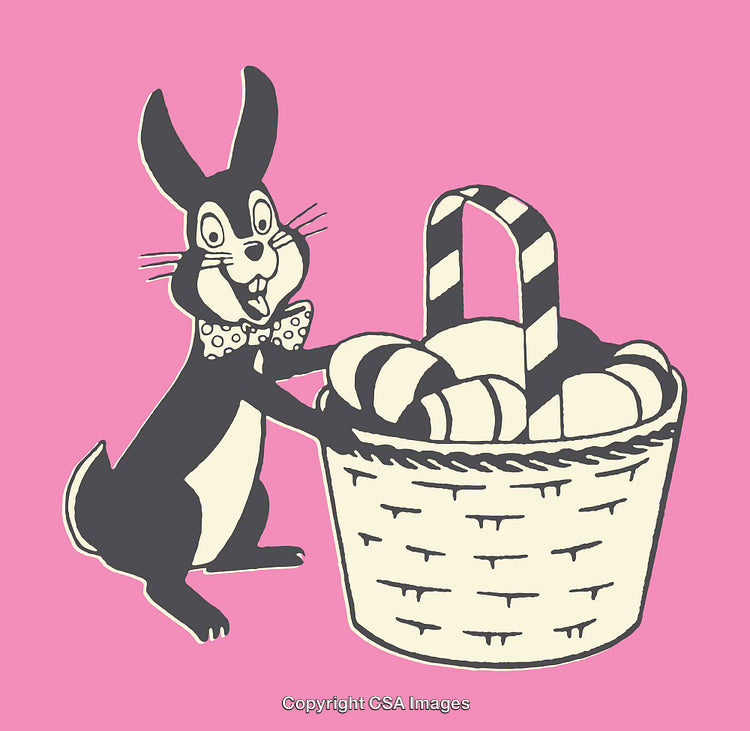Easter Bunny with Basket of Treats on Pink Background