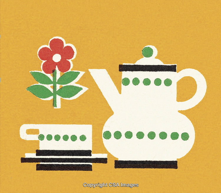 Retro Styled Tea Set Illustration with Flower and Yellow Background
