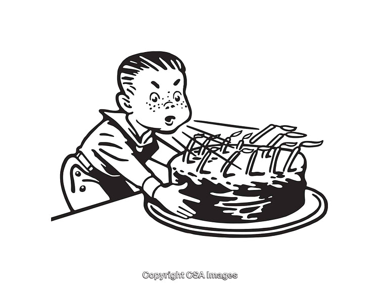 Child Blowing Birthday Cake Candles in Black and White Illustration