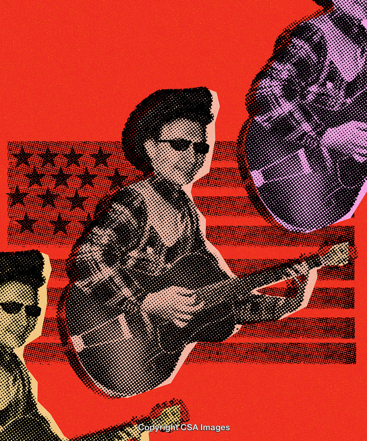 Retro Pop Art Style Guitarist With American Flag Background Design