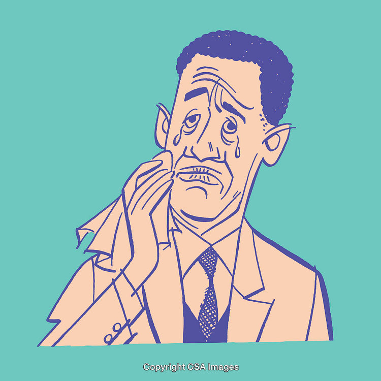Illustrated Businessman Crying with Handkerchief in Emotional Scene