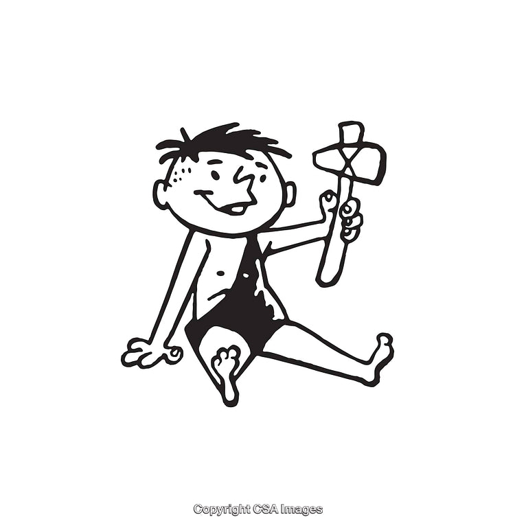 Playful Cartoon Caveman Holding a Stone Hammer in Black and White Line Art