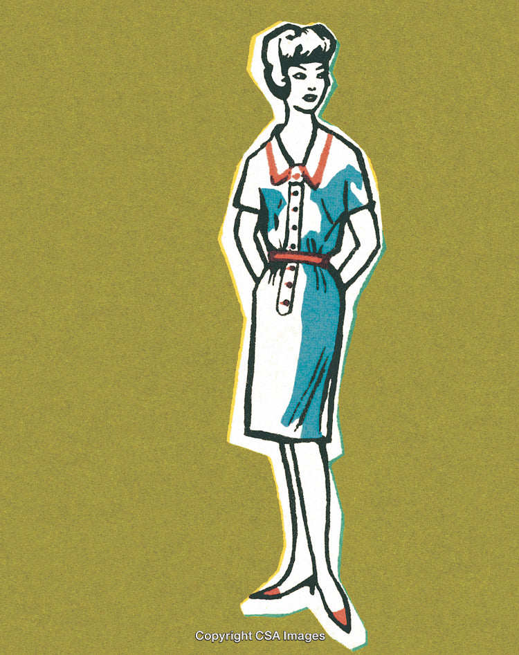 Vintage Illustration of a Woman Wearing a Classic Buttoned Shirt Dress
