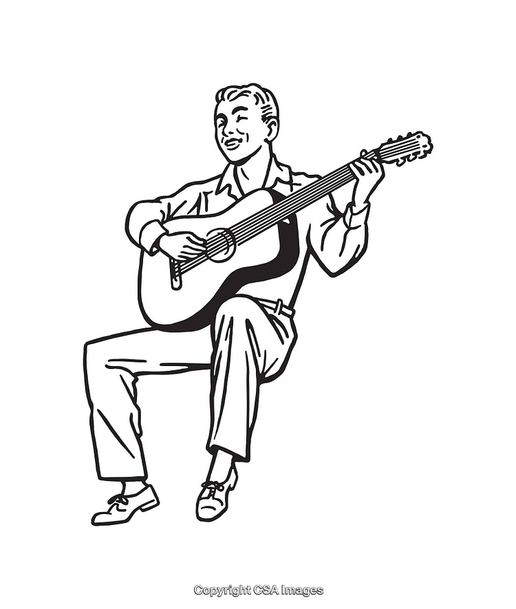 Vintage Line Art Illustration of Man Playing Acoustic Guitar