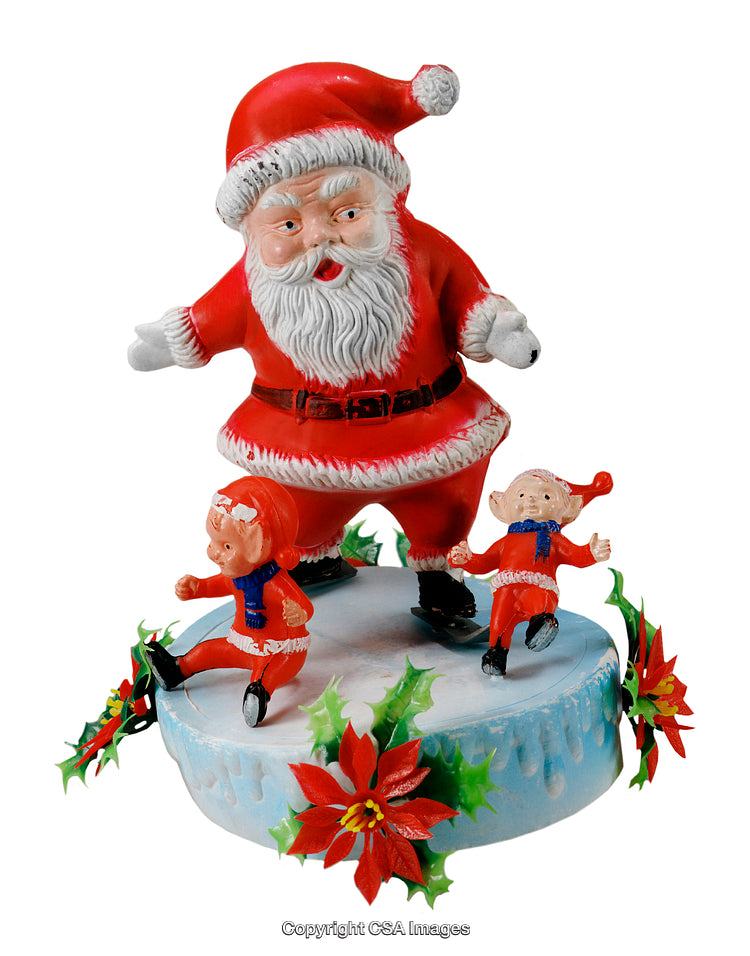Festive Santa Claus Figurine with Elves on Decorative Pedestal