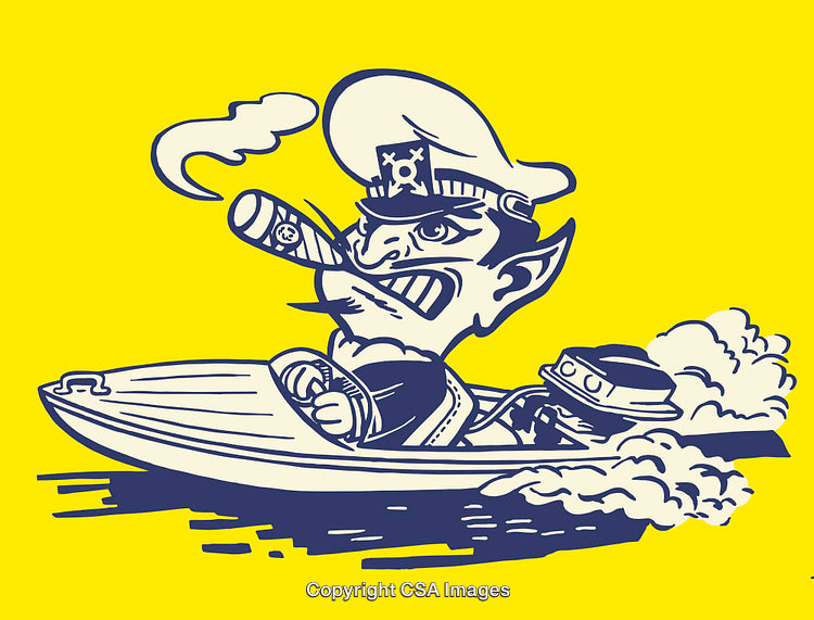 Illustration of a Captain Smoking a Cigar and Driving a Speedboat