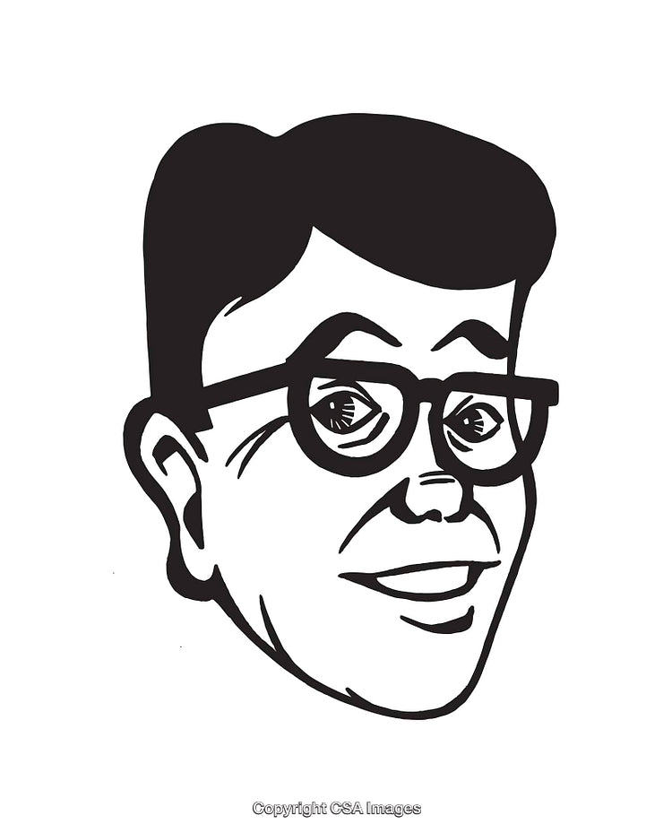Black and White Line Art Illustration of Smiling Individual with Glasses