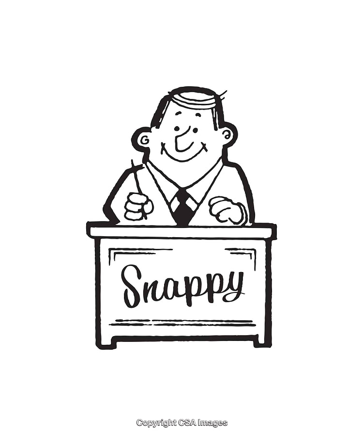 Cartoon Illustration of a Smiling Man Seated at a Snappy Desk