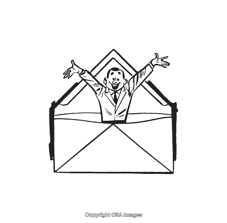 Line Art Illustration of a Person Joyfully Emerging from an Envelope