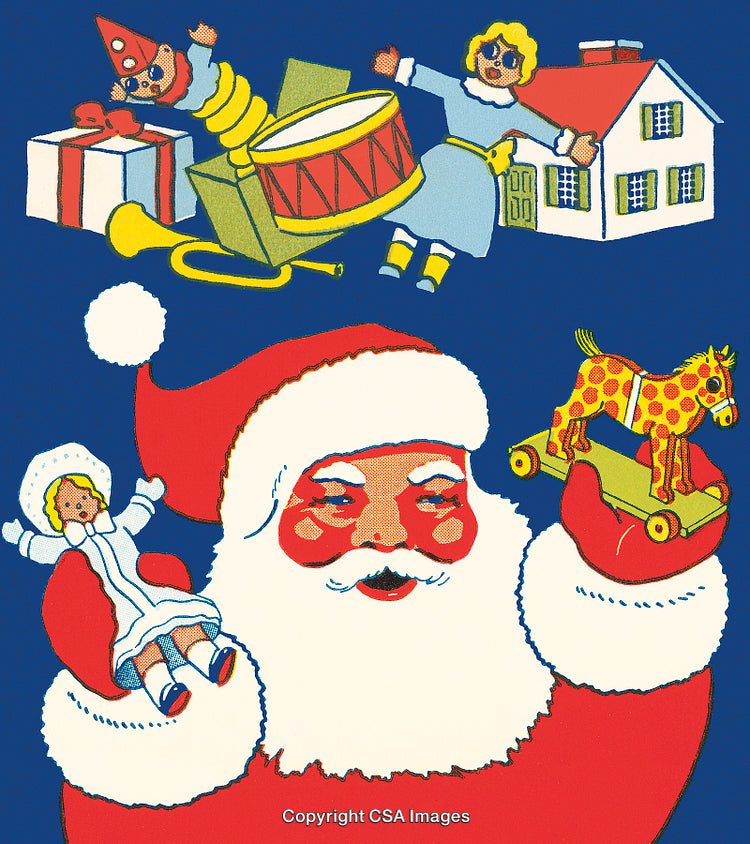Santa Claus Holding Toys with Colorful Christmas Decorations