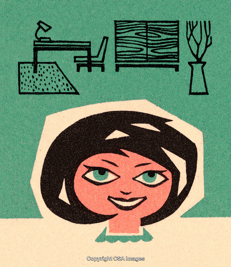 Playful Mid-Century Illustration of a Woman and Minimalist Interior Design Elements