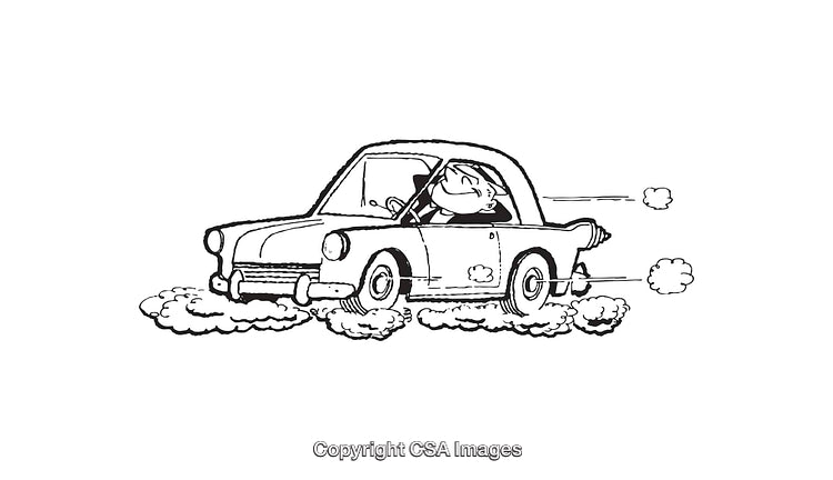 Black and White Illustration of a Car Driven by a Happy Driver