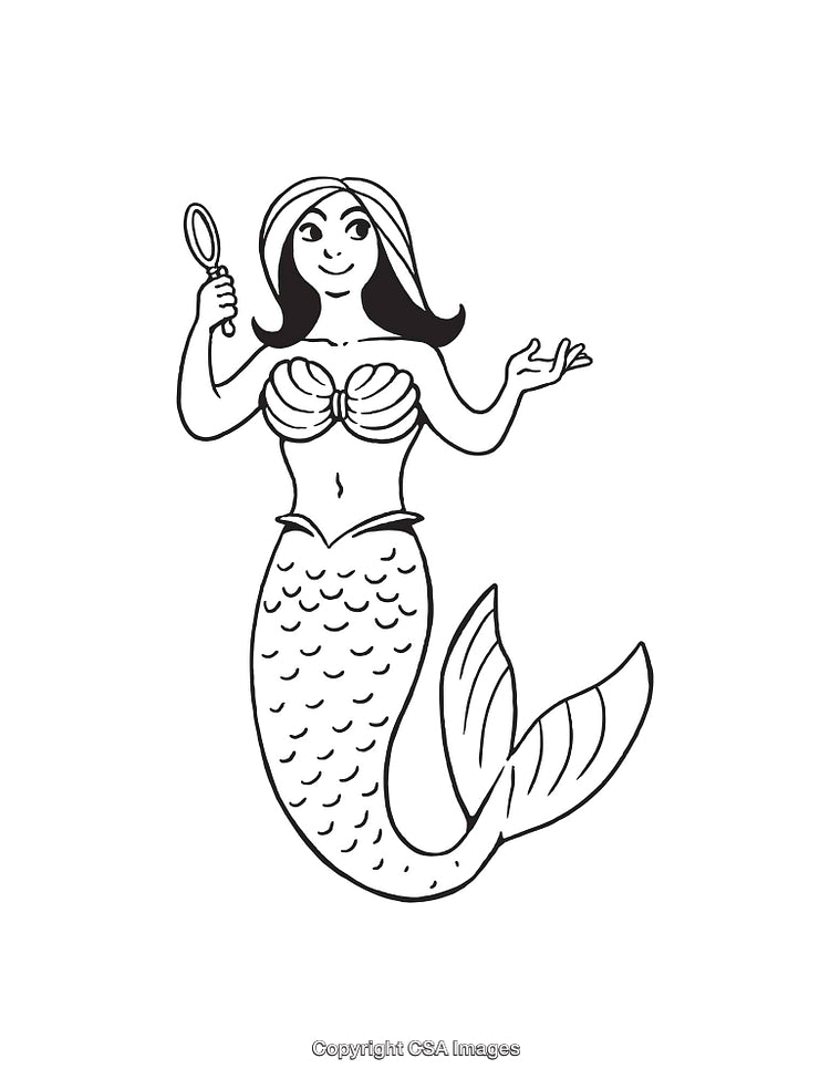 Black and White Line Art Illustration of a Mermaid Holding a Mirror