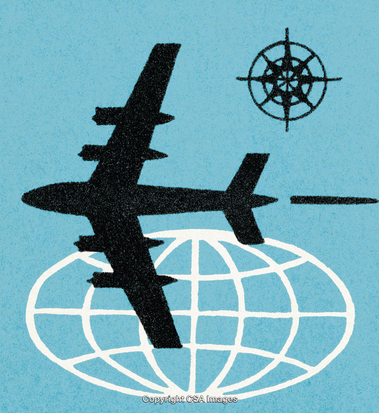 Airplane Silhouette with Globe and Compass Symbol on Blue Background