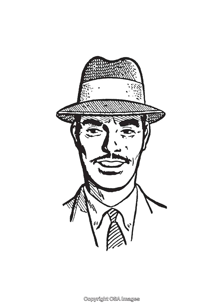 Vintage Line Art Illustration of a Man in a Fedora Hat and Tie