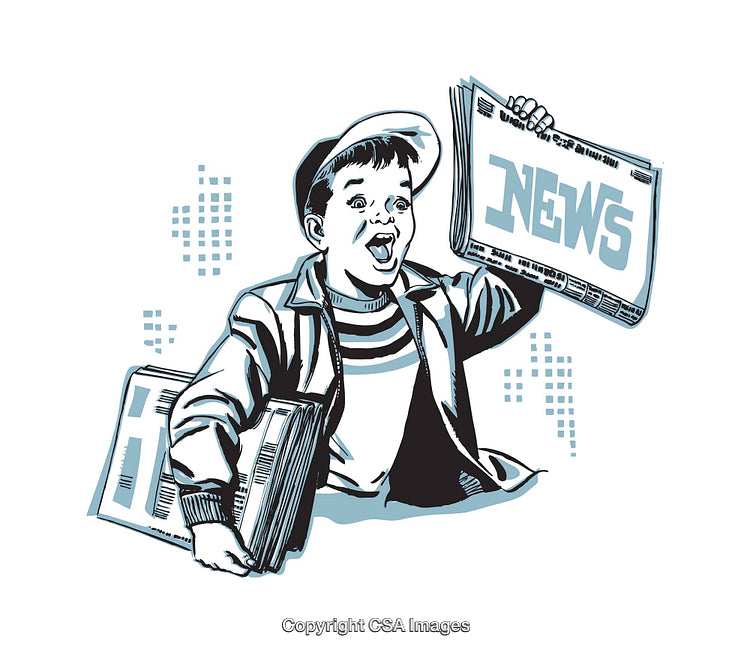 Vintage Illustration of a Newsboy Holding Newspapers and Shouting Headlines