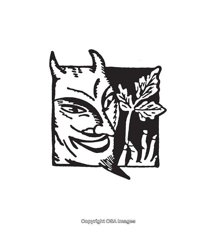 Stylized Black and White Illustration of a Mythical Figure and Plant