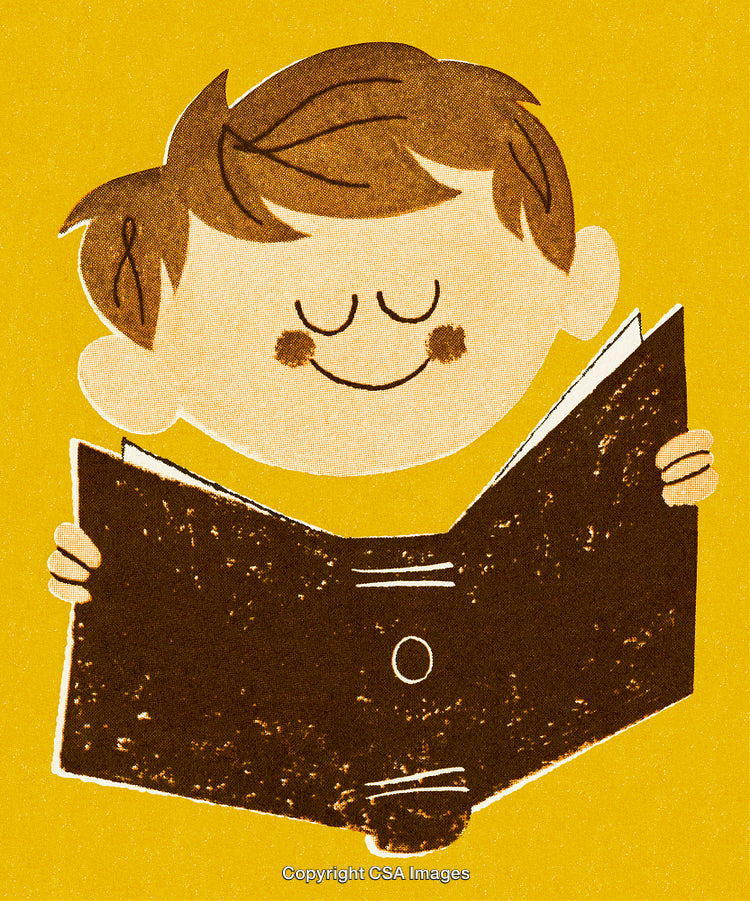 Smiling Cartoon Boy Reading a Book on Textured Yellow Background