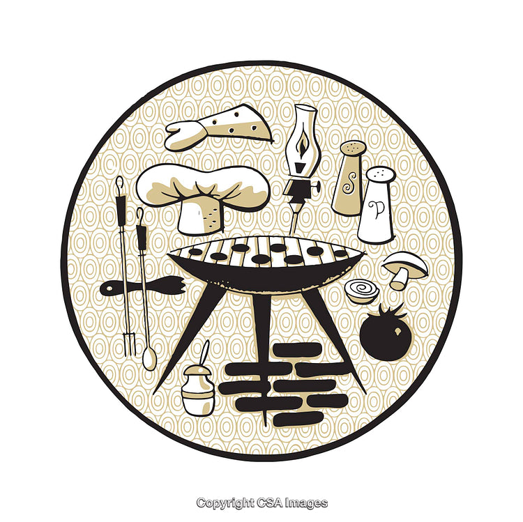 Illustrated Circle of Picnic Items Including BBQ Grill and Food