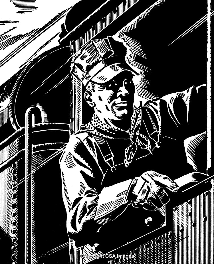 Black and White Engraving of a Train Conductor in Uniform