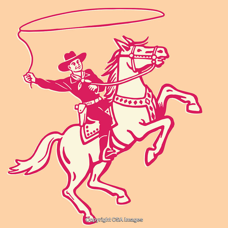 Vintage Cowboy Illustration Featuring Rider on Rearing Horse with Lasso Action