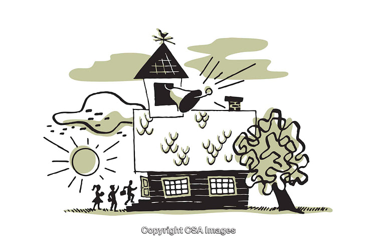 Illustration of a Rural Schoolhouse with Children and Natural Surroundings