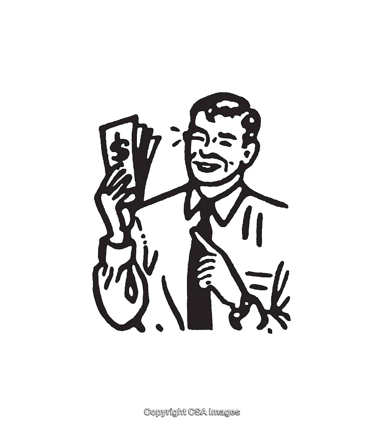 Black and White Line Art of a Happy Man With Money
