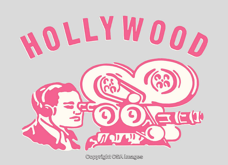 Retro Hollywood Cinema Camera Illustration in Pink Tones on Gray Background
