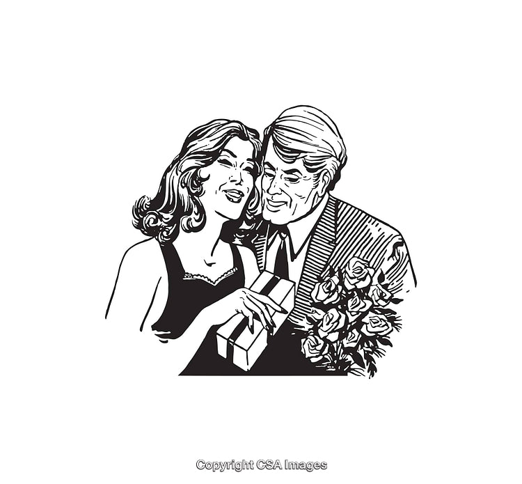 Black and White Vintage Illustration of a Couple Exchanging Gifts and Flowers