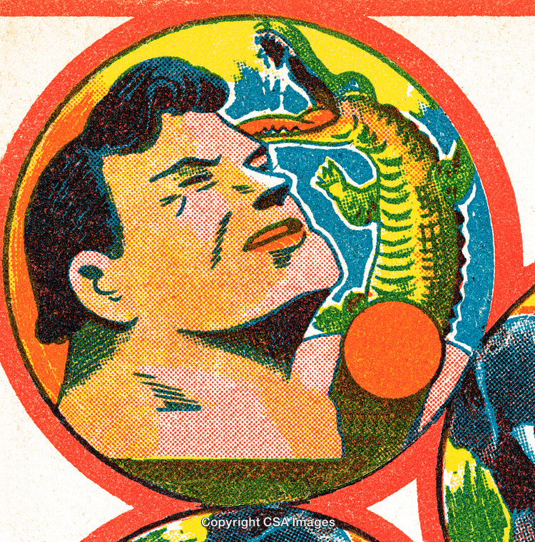 Vintage Comic Art Depiction of an Adventure Scene with Crocodile Encounter